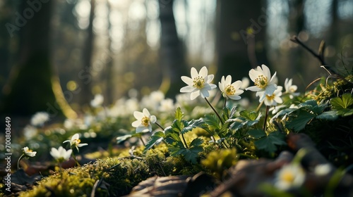 beautiful white flowers blooming in the spring on the forrest floor, spring, summer, waking up photo