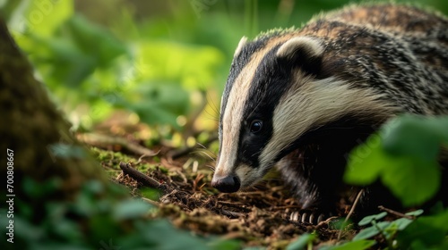 close up of a badger in the forrest sniffing the floor for food, raccoon