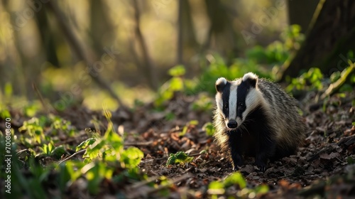 close up of a badger in the forrest sniffing the floor for food, raccoon