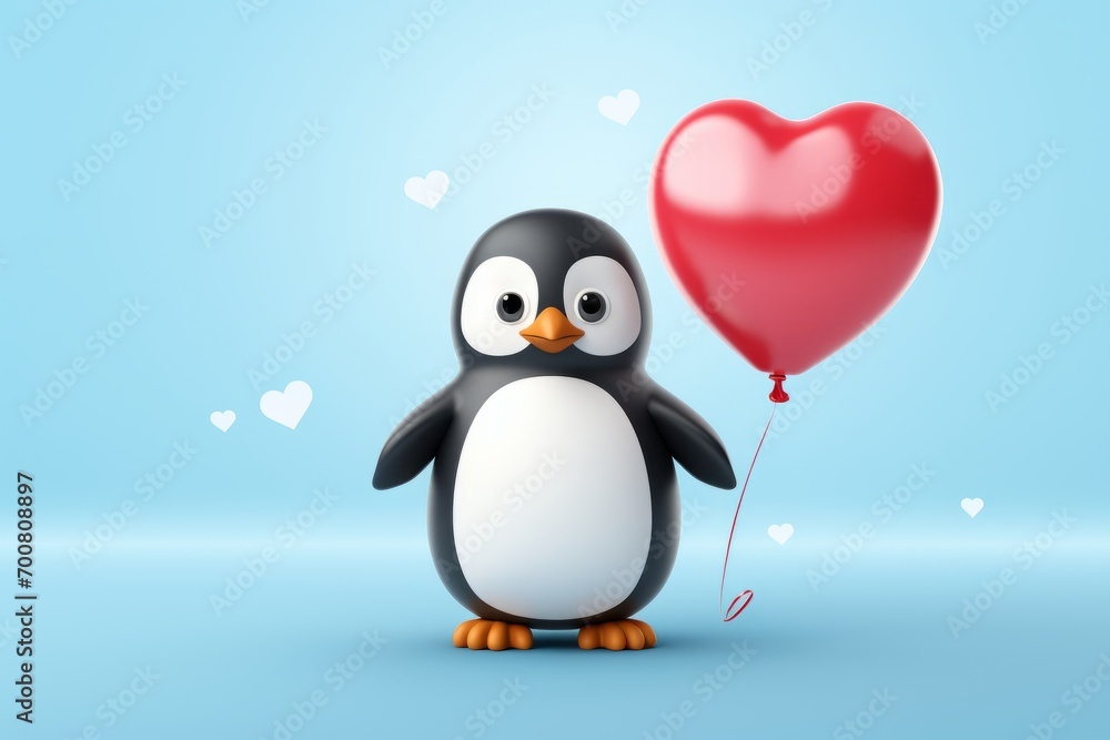 Naklejka premium Whimsical Love: Adorable Penguin Embraces Romance with Heart Balloon