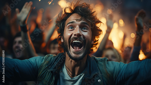Soccer Spectacle: A World of Celebration in the Stadium, Featuring a Cheering Young Brunette Man with Curly Hair and Beard, Immersed in the Joy of the Beautiful Game