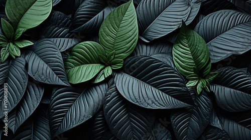 Abstract Black and Dark Green Leaves Texture for a Rich and Mysterious Tropical Leaf Background. A Dark Nature Concept with a Stylish Flat Lay Presentation.