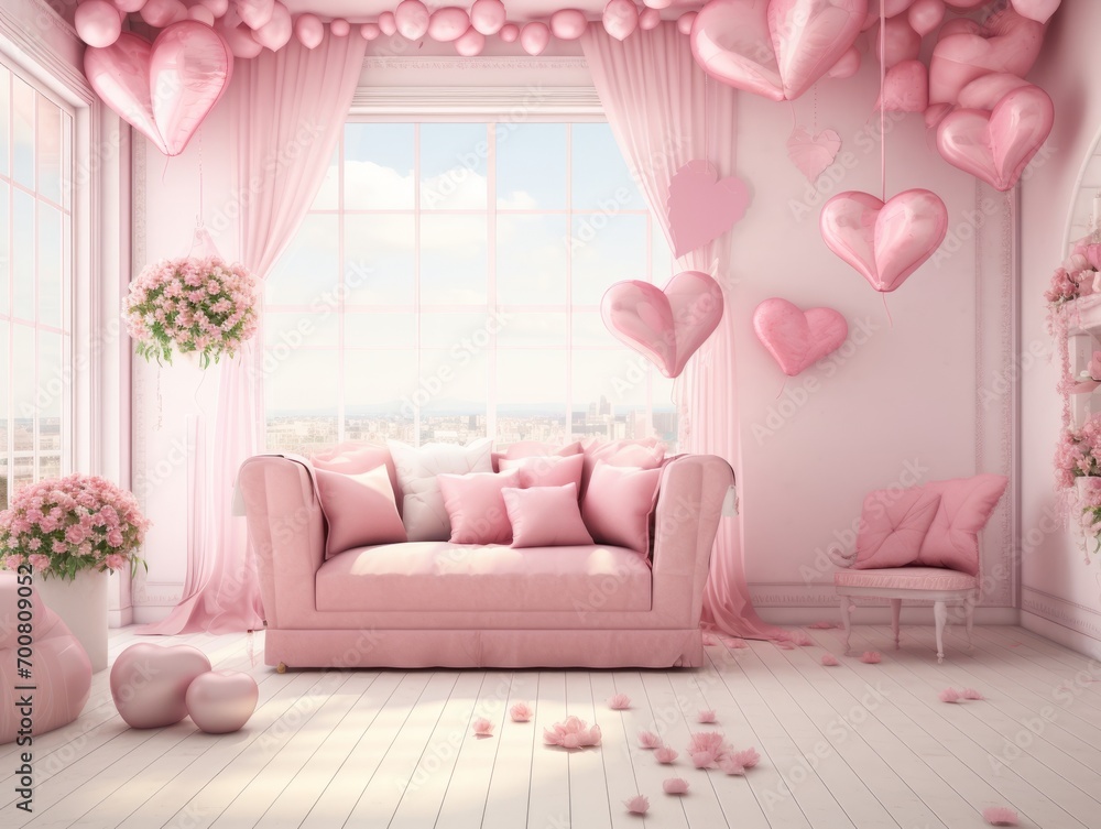 Obraz premium Enchanting Love Haven: A Dreamy Valentine's Day Escape in a Blissful Pink Room