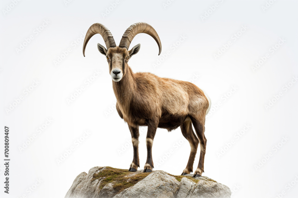 Ibex standing on a white background. Animal front portrait.	
