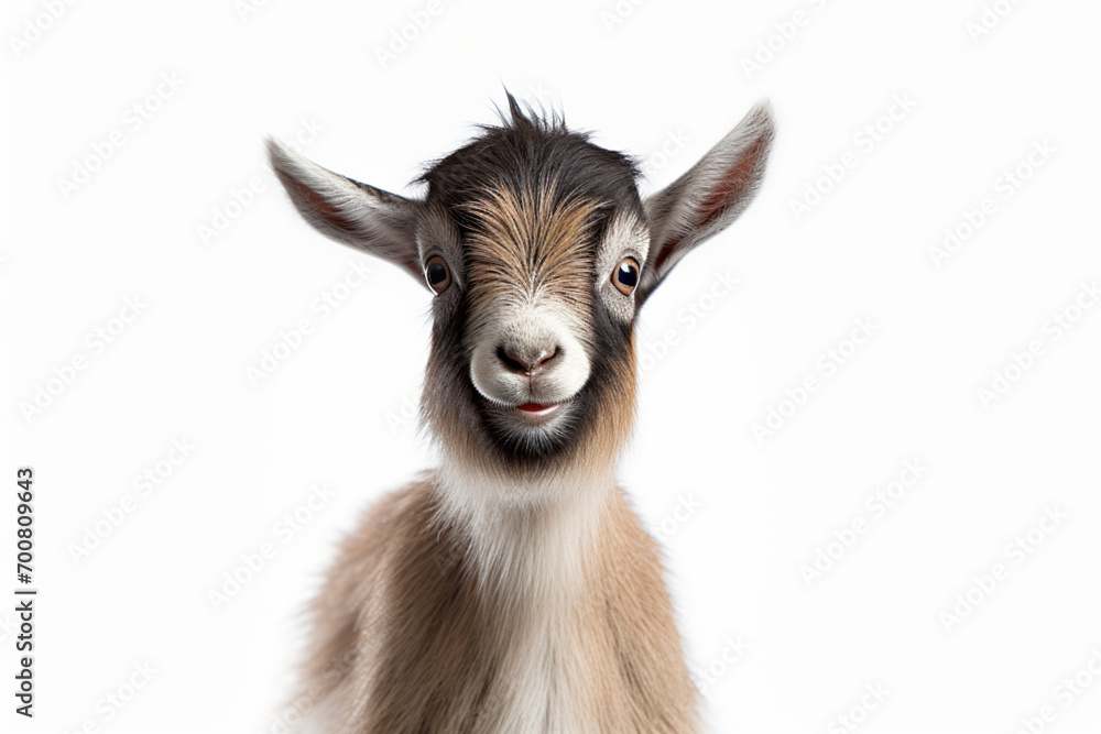 Fototapeta premium Pygmy Goat close-up portrait on a white background. 