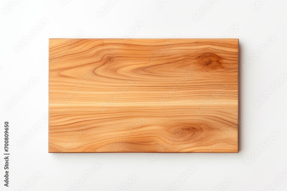 new rectangular wooden cutting board, in top of wooden table with a minimalistic on white background background - obrazy, fototapety, plakaty 