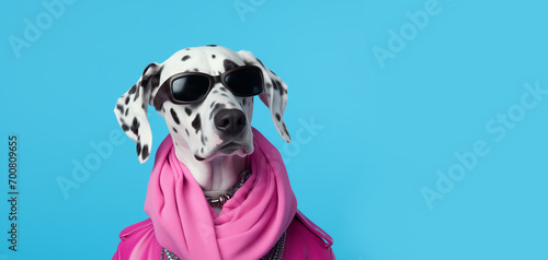 A portrait of a funky anthropomorphic dalmatian dog wearing pink scarf on a  blue background, copy space for text. National Dress Up Your Pet Day © Olivia