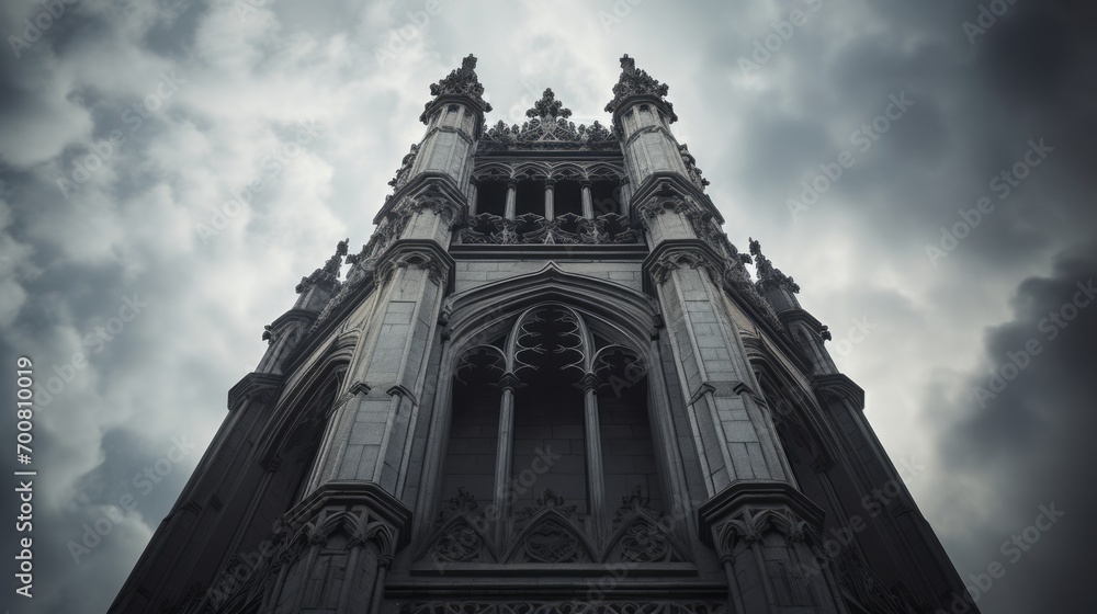 Enigmatic Elegance: Gothic Skyscraper's Intricate Stonework Amidst Moody Sky