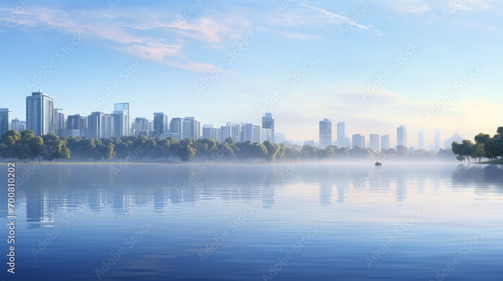 Misty Morning Marvel: Serene Lake Embraces Modern Cityscape in Ethereal Sunrise