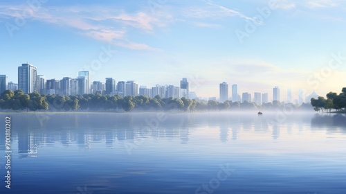 Misty Morning Marvel  Serene Lake Embraces Modern Cityscape in Ethereal Sunrise