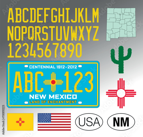 New Mexico car Standard Centennial License Plate, letters, numbers and symbols, vector illustration, USA