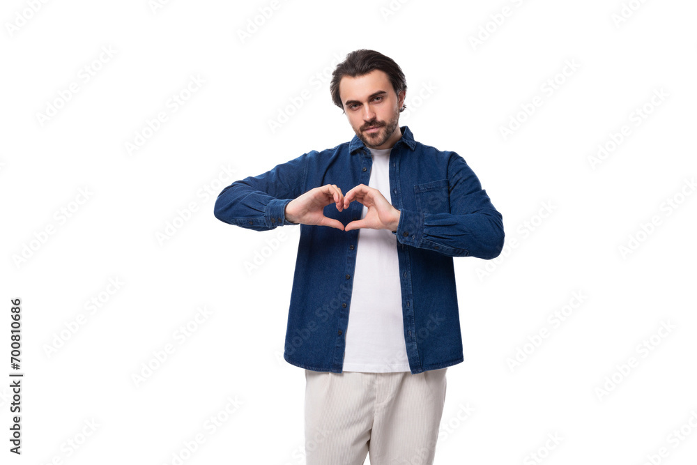 nice kind young brunette man in denim shirt nice kind young brunette man in denim shirt