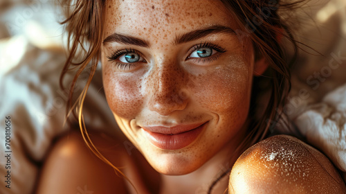 Beautiful smiling young woman with freckles and blue eyes  in her bed photo