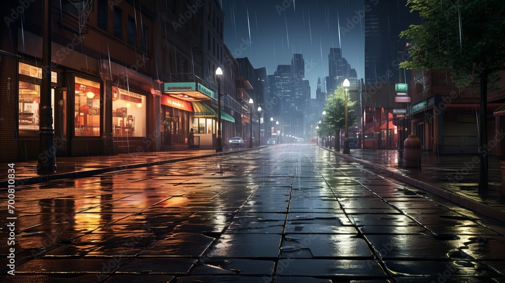 City Symphony: Captivating Rainsoaked Streets Illuminate Urban Nightscape with Mesmerizing City Lights