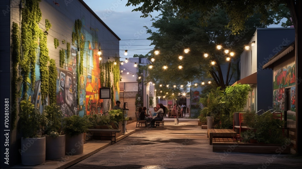Enchanting Urban Oasis: Vibrant Murals, Vertical Gardens, and String Lights Illuminate a Once-Neglected Alleyway, Creating a Thriving Community Haven