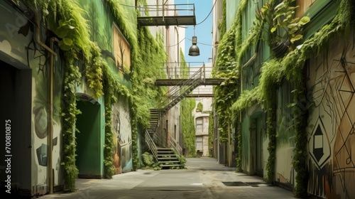 Urban Oasis: Where Architecture Meets Street Art in a Green Alley