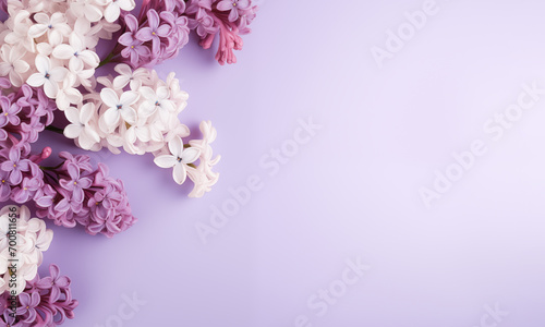 Banner with a frame of flowers on a lilac background. Spring composition with copyspace. Design for Women's Day, Easter and Valentine's Day