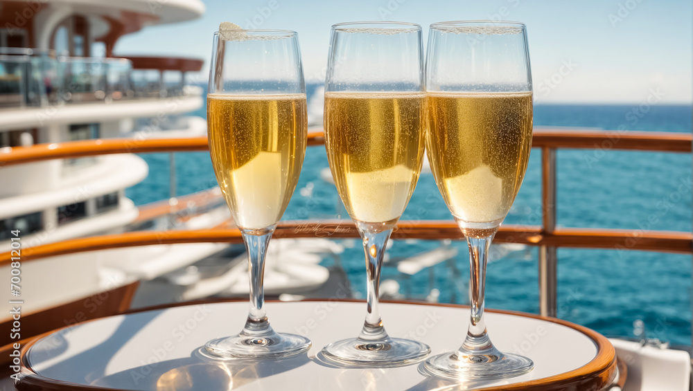 Glasses of champagne against the background of the sea vacation