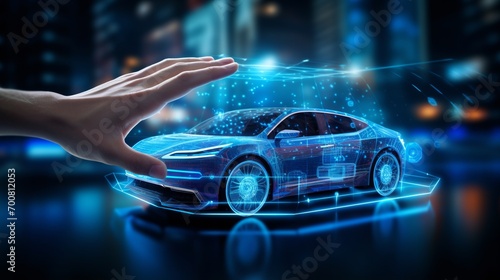 Revolutionizing Transportation: Futuristic EV Concept Car Unveiled in Mesmerizing Holographic Dashboard Display. A Sustainable Energy Iconic Journey into the Future of Innovative Technology. photo