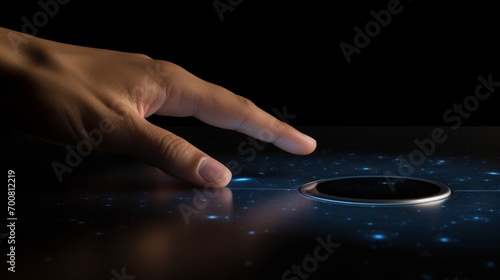 Empowering Change: Hand Pushing Earth Button on Futuristic Touch Screen Interface - Captivating Stock Image