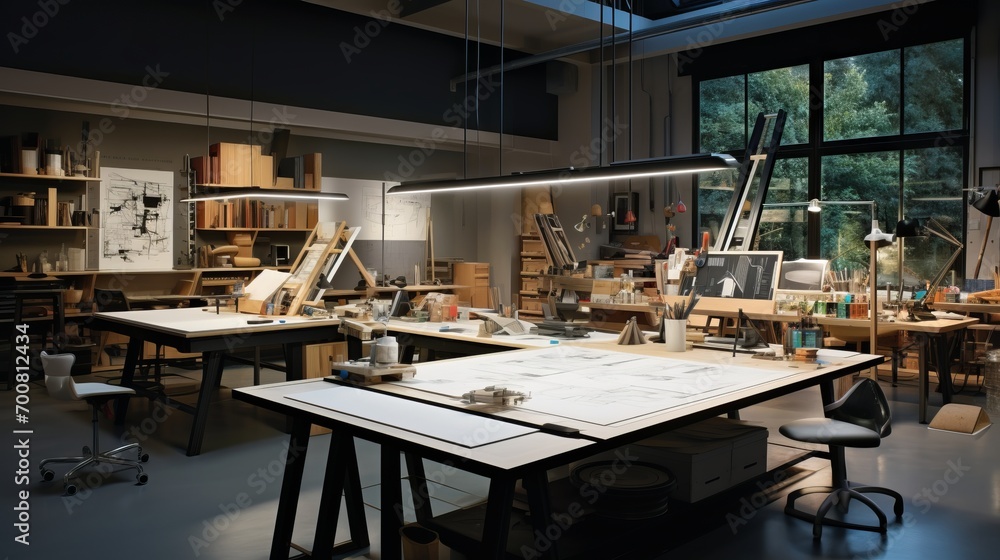 Unleashing Creativity: Inspiring Design Studio with Drafting Tables, Design Materials, and Digital Sketch Board under Enchanting Task Lighting Unleashing Creativity: Inspiring Design Studio with Drafting Tables, Design Materials, and Digital Sketch Board under Enchanting Task Lighting