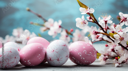  Easter eggs with a delicate pattern in pink tones and a branch of cherry blossoms on a blue background.copy space