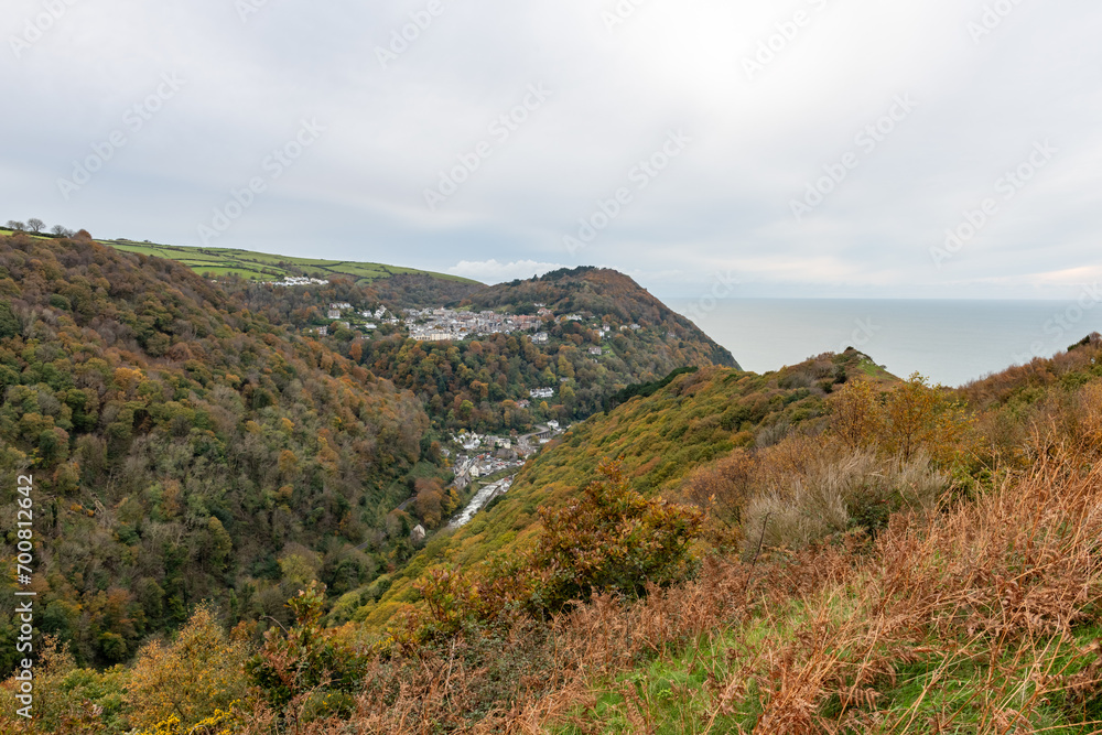 View from Countisbury Hill of the autumn colours at Lynton and Lynmouth in Devon