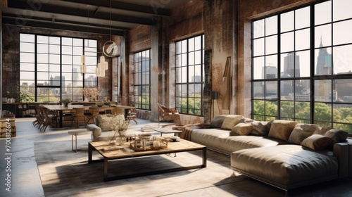 Urban Oasis: Captivating Industrial Loft Apartment with Expansive Windows Showcasing the Vibrant Cityscape