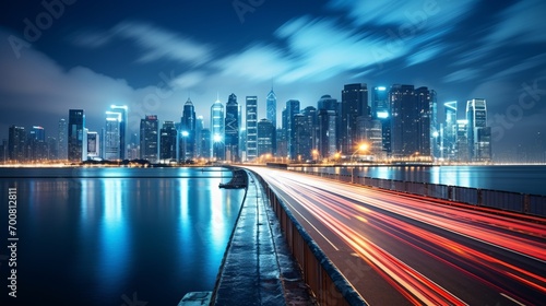 Enchanting Nightscapes  Illuminated Coastal Cityscape in Mesmerizing Long Exposure