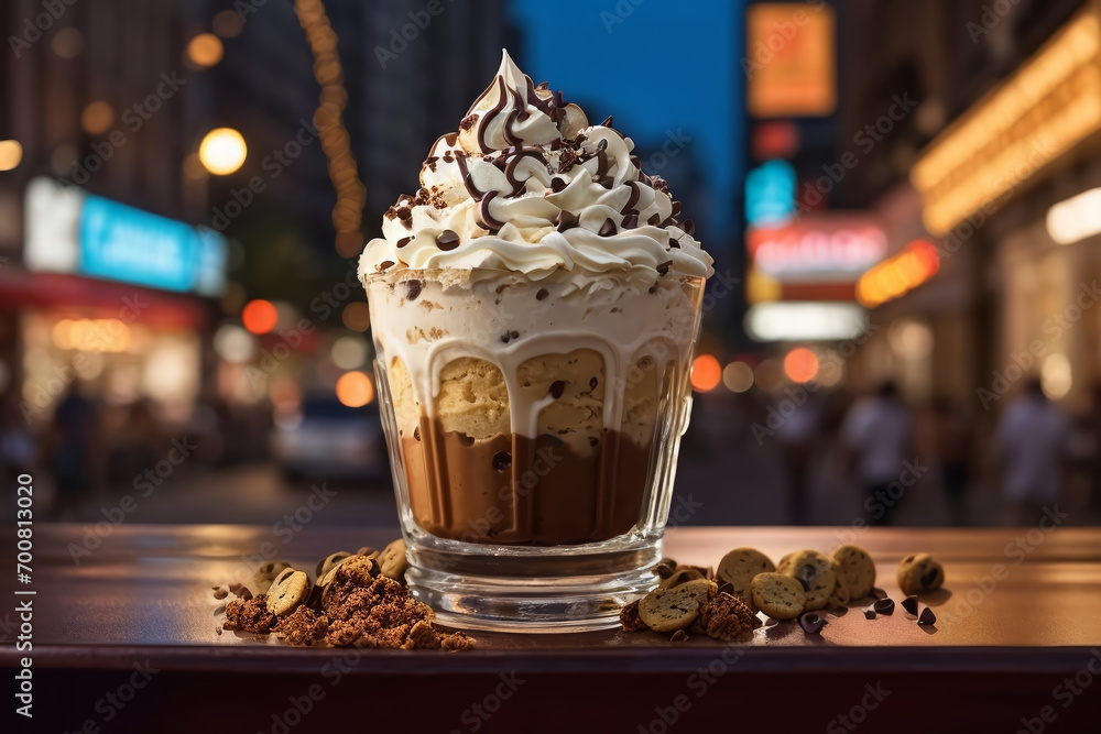 A decadent chocolate chip cookie dough ice cream sundae with layers of cookie crumbles generated with AI