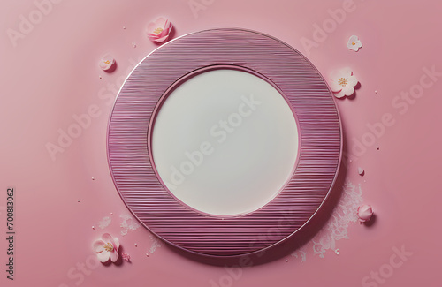 A flower wreath with pink roses and pink background. Minimalism pink rose flower wreath. A round frame with pink flowers. photo