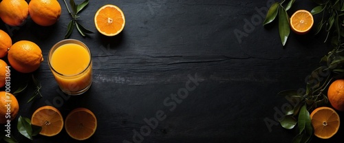 Freshly Squeezed Orange Juice and Oranges on Black Background
