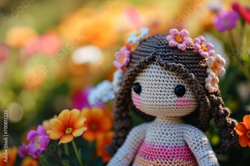 Revel in the simplicity and elegance of a lovable crochet doll, enhanced by vibrant flowers on a solid, uplifting background.