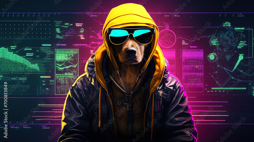 Draw a hacker dog with viruses and cryptographic signs Draw a hacker dog with viruses and cryptographic signs