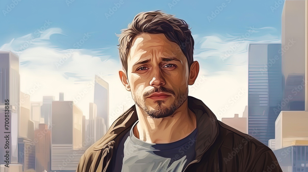 A realistic portrait of a man with a background of urban landscape and skyscrapers A realistic portrait of a man with a background of urban landscape and skyscrapers