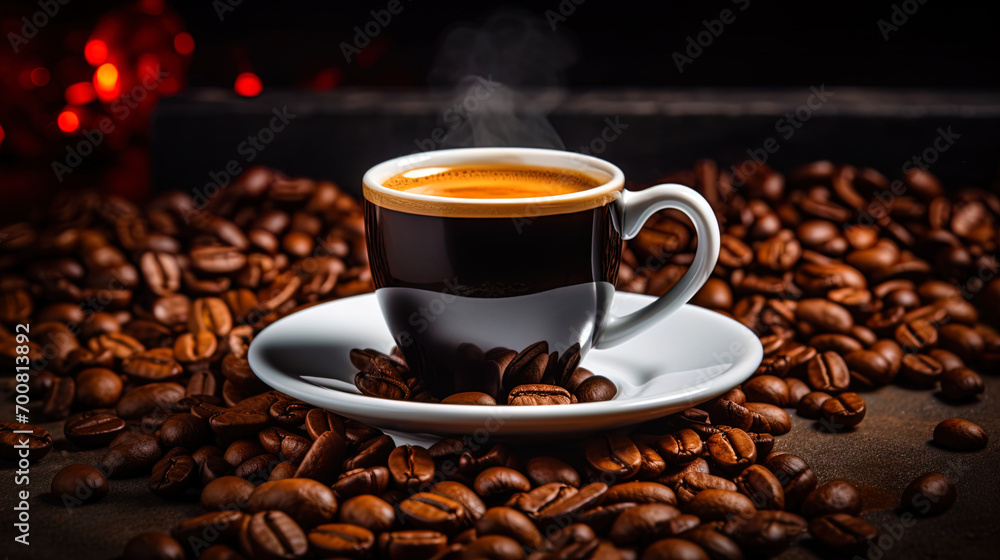 A photograph of espresso in a stylish cup highlighted against the background of dark coffee grain A photograph of espresso in a stylish cup highlighted against the background of dark coffee grain