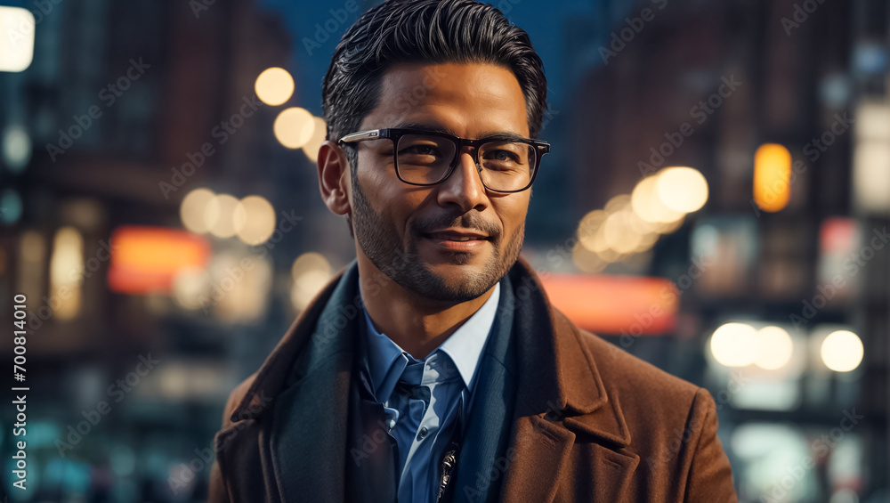 Fototapeta premium Portrait of a brutal business man in glasses on the street