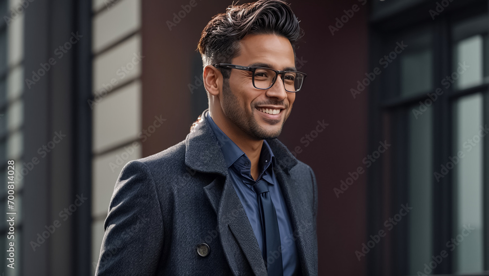 Portrait of a brutal business man in glasses on the street Portrait of a brutal business man in glasses on the street