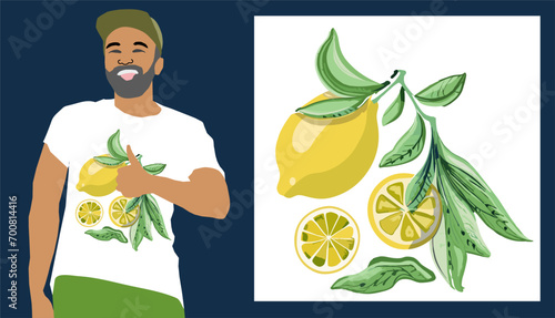 Vector summer drawing for t-shirt
with tropical fruit lemon on white
background. Fashion print for fabric, paper, 
textiles, notepad, 
women and men clothing, card, packaging.