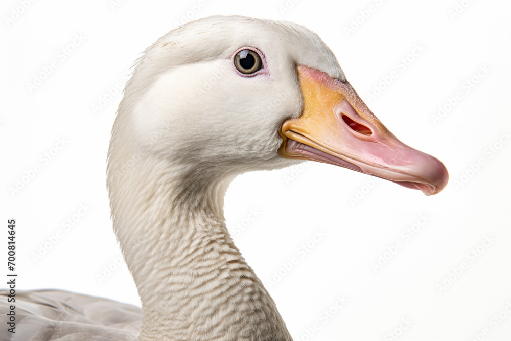 White Goose close-up portrait on a white background. White Goose close-up portrait on a white background.