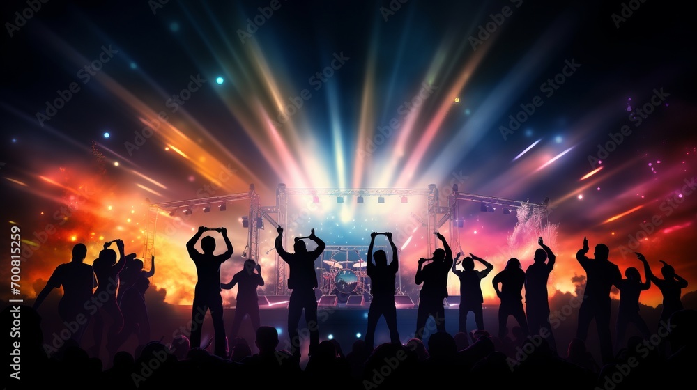 Electrifying Symphony: Mesmerizing Silhouettes Dance Amidst a Kaleidoscope of Vibrant Lights at an Openair Concert - obrazy, fototapety, plakaty 