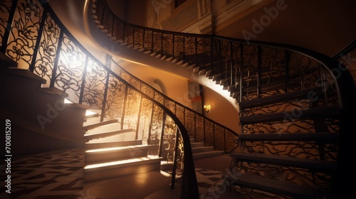 Enchanting Shadows: Captivating Spiral Staircase in an Old Building - A Mesmerizing Blend of Light and Geometry