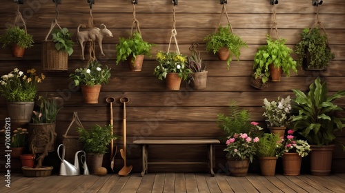 Nature's Oasis: Vibrant Hanging Gardens on Rustic Wood - A Serene Escape for Green Thumbs and Plant Lovers