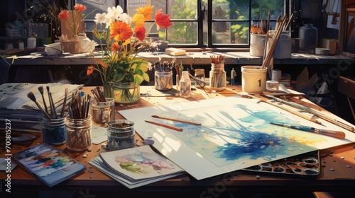 Vibrant Artistry Unleashed: A Captivating Glimpse into the Creative Process - Inspiring Artist's Workspace with Scattered Paintbrushes, Palette, and Canvas