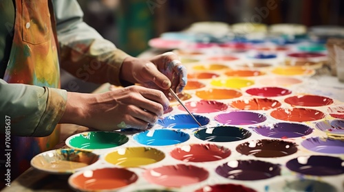 Vibrant Artistry: Masterful Hands Blend Custom Paint Colors on Palette in Inspiring Art Studio