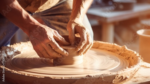 Artistry in Motion: Master Potter's Hands Sculpting Clay with Sunlit Grace in Pottery Studio