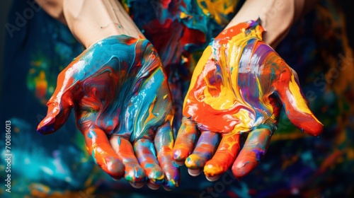 Colorful Creativity: Captivating Artist's Hands Immersed in Vibrant Paint on Canvas
