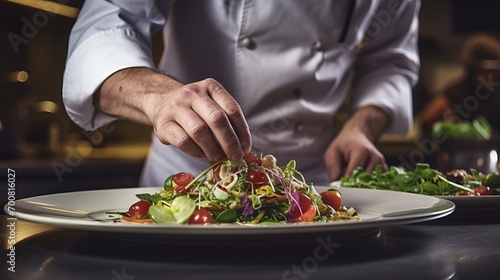 Masterful Culinary Artistry: Captivating Closeup of a Chef's Hands Expertly Plating a Gourmet Meal in a Restaurant Kitchen