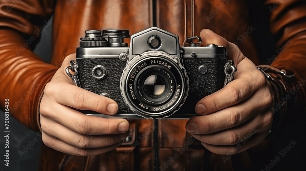 Capturing Timeless Moments: Vintage Camera in Skilled Hands - Stock Image