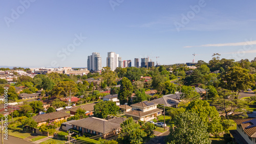 Photography Low aerial drone view of Castle Hill cbd in Sydney, NSW Australia on a sunny day